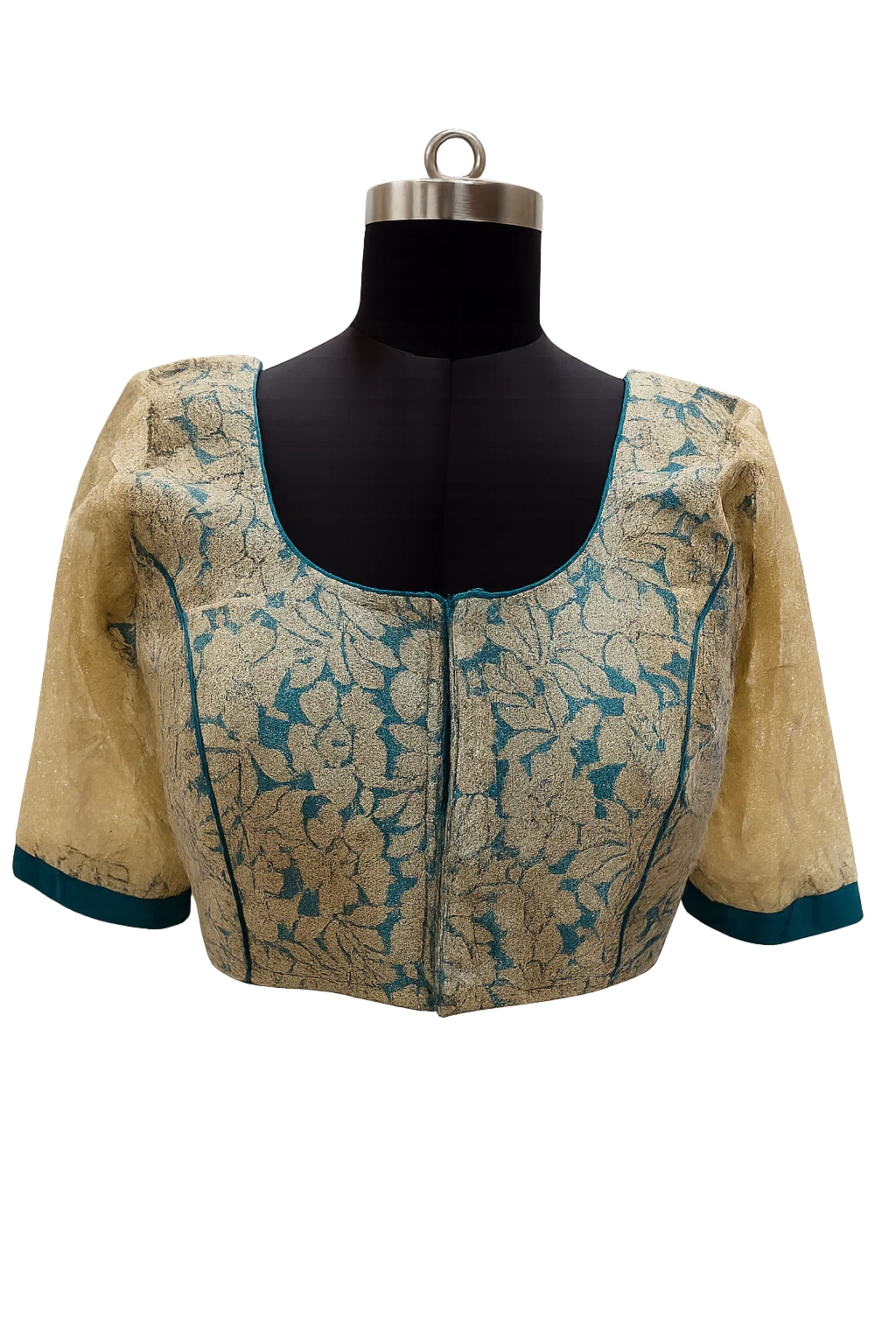 Ivory & Teal Brocade Silk Designer Blouse with Floral Zari Weave and 3/4th Sleeves