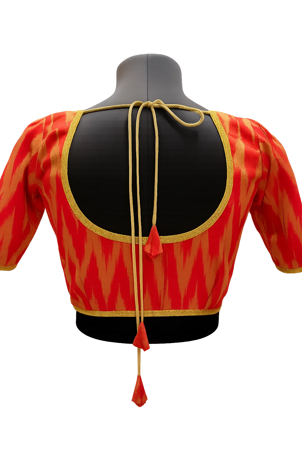 Red & Gold Ikat Woven Silk Blouse with Deep U-Back and Tie-Up Dori