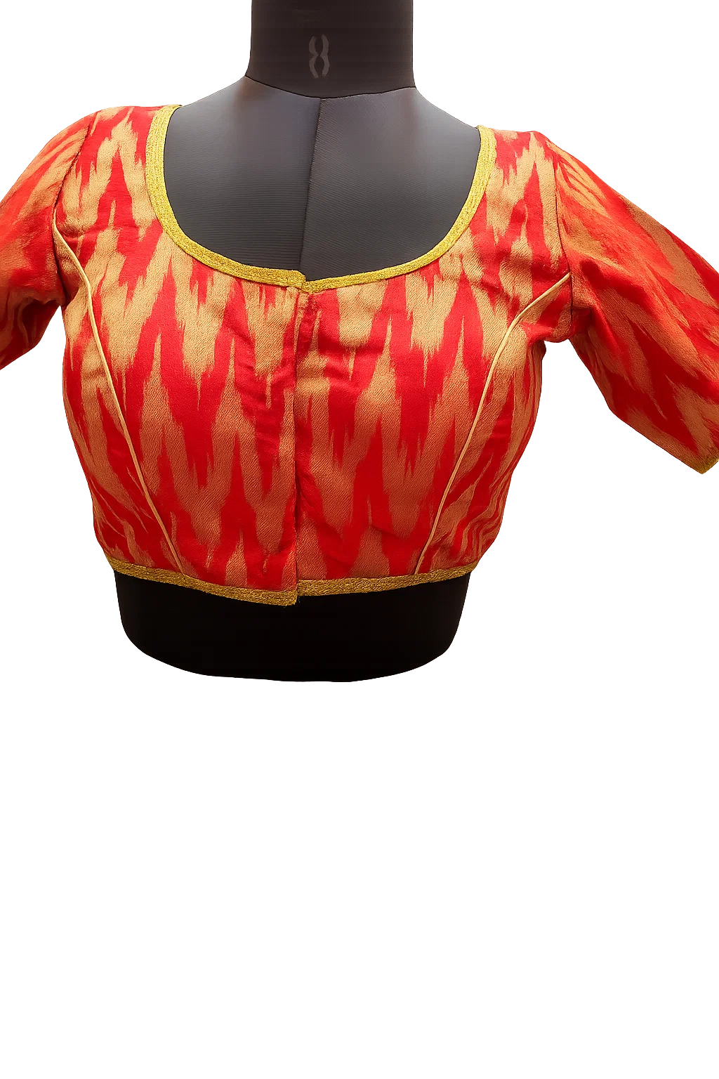 Red & Gold Ikat Woven Silk Blouse with Deep U-Back and Tie-Up Dori