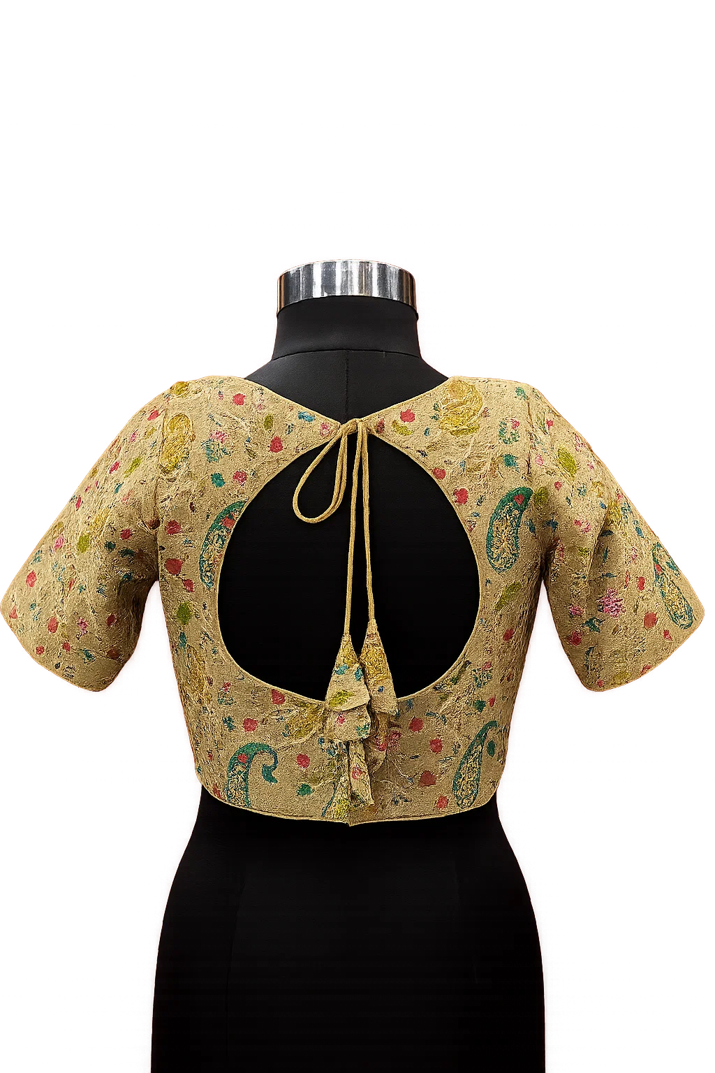 Golden Multicolor Embroidered Silk Blouse with Deep Back Tie-Up & Elbow Sleeves