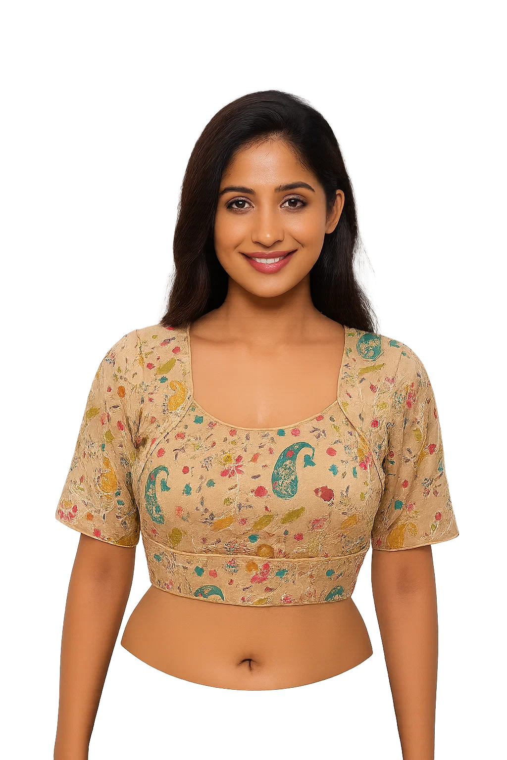 Golden Multicolor Embroidered Silk Blouse with Deep Back Tie-Up & Elbow Sleeves