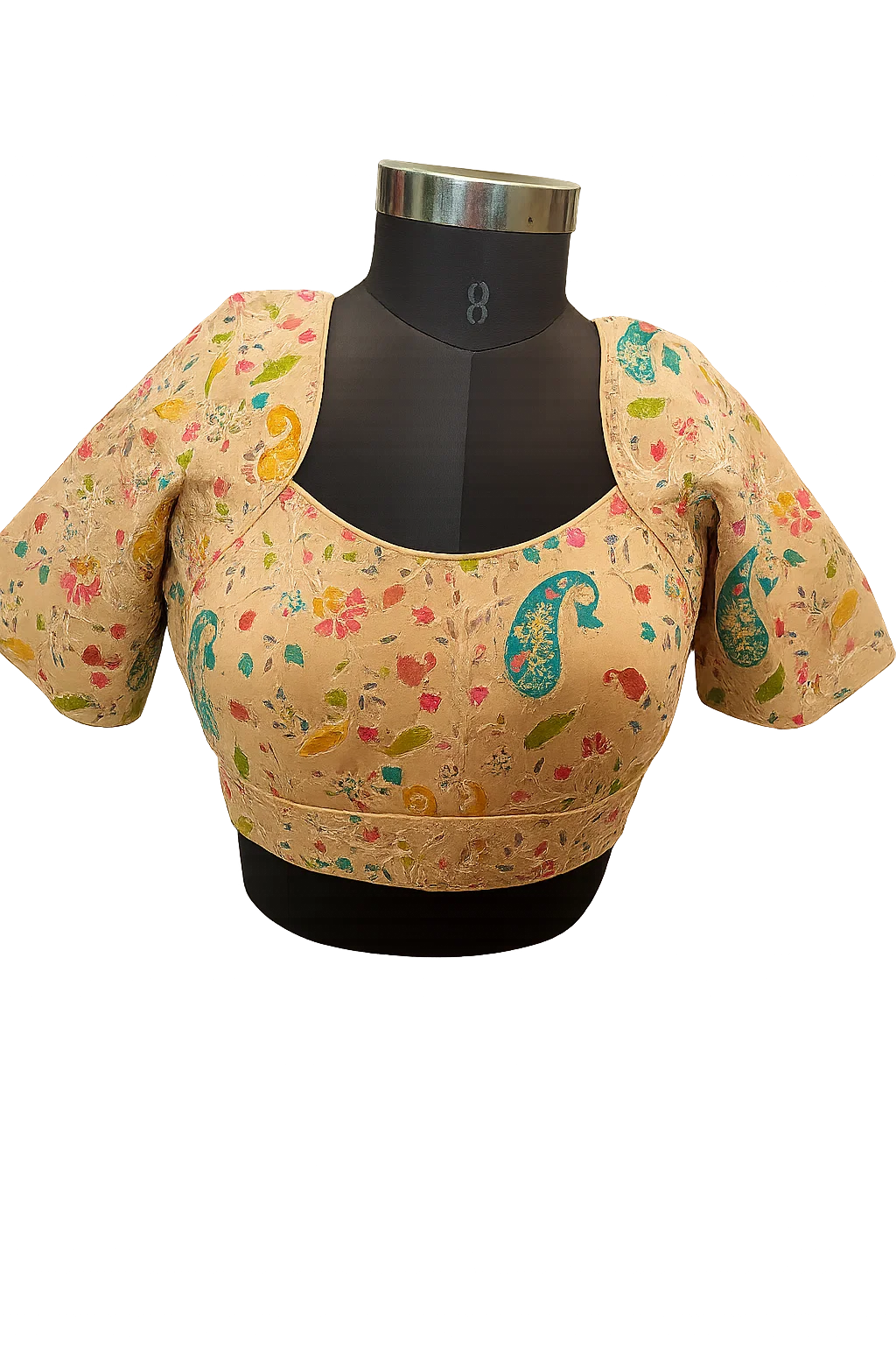 Golden Multicolor Embroidered Silk Blouse with Deep Back Tie-Up & Elbow Sleeves