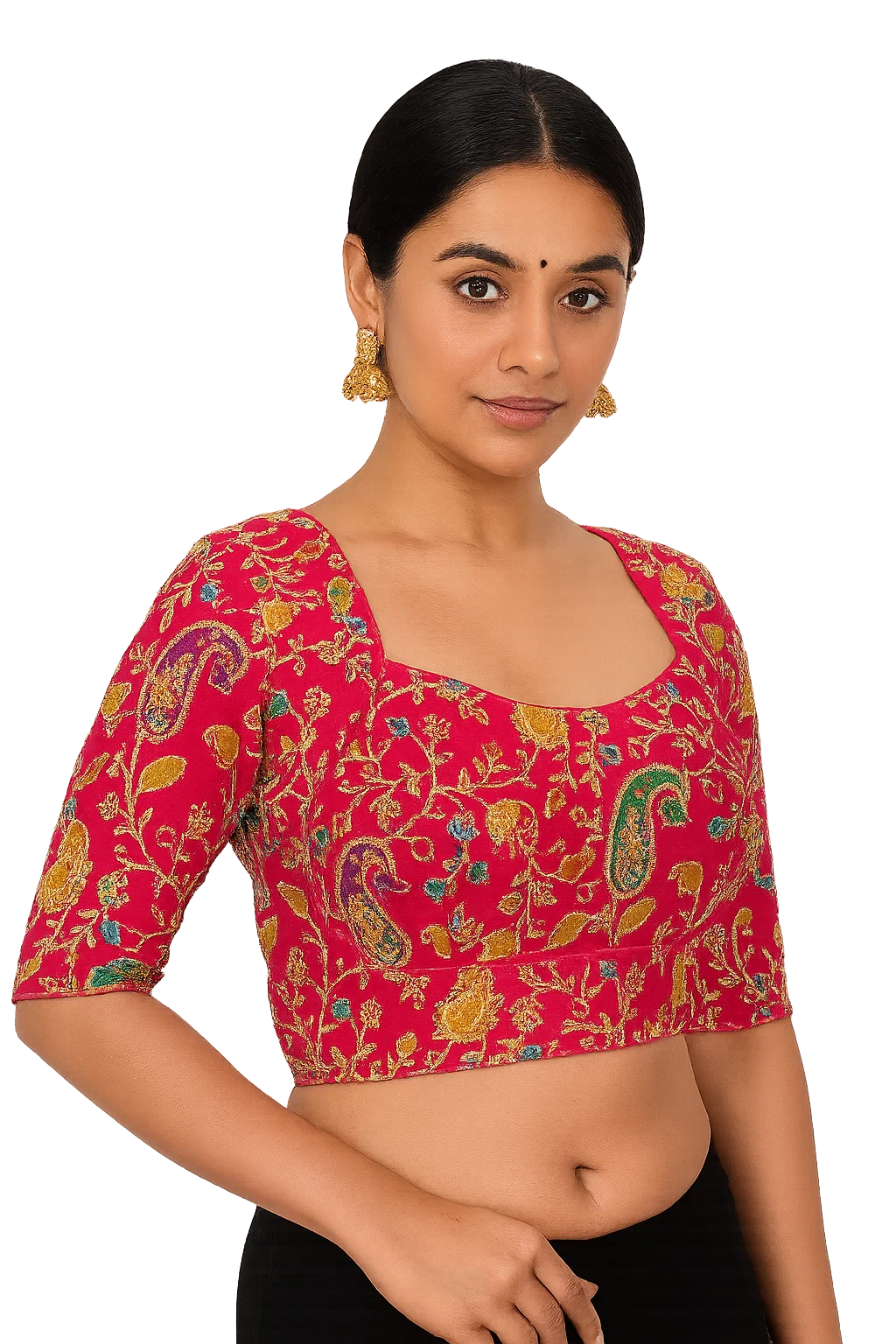 Rani Pink Multicolor Embroidered Designer Blouse with Deep Back Cut & Tie-Up Dori
