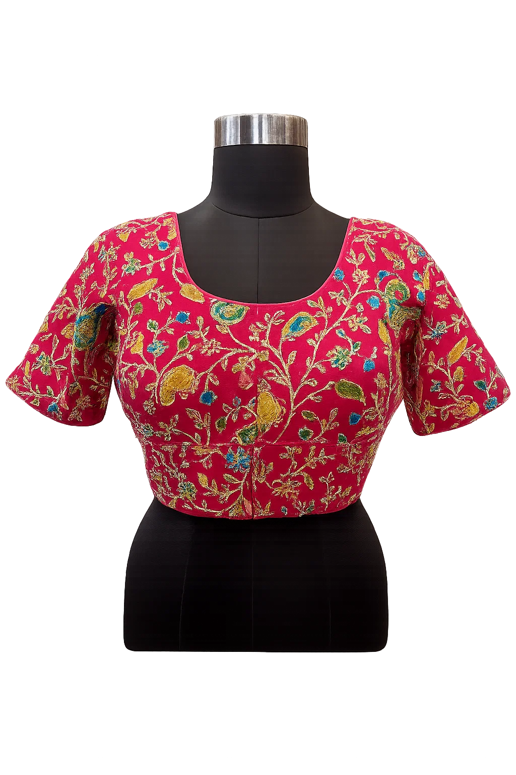 Rani Pink Multicolor Embroidered Designer Blouse with Deep Back Cut & Tie-Up Dori