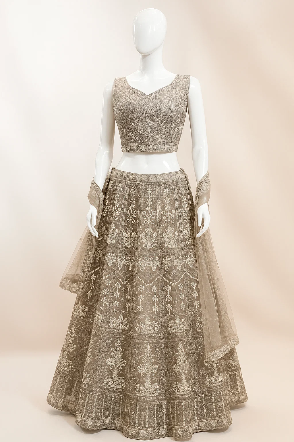 Champagne Gold Textured Embroidered Lehenga Set with V-Neck Blouse & Net Dupatta