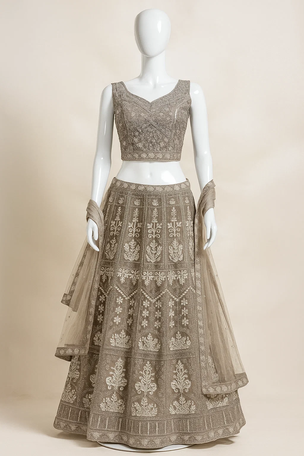 Champagne Gold Textured Embroidered Lehenga Set with V-Neck Blouse & Net Dupatta