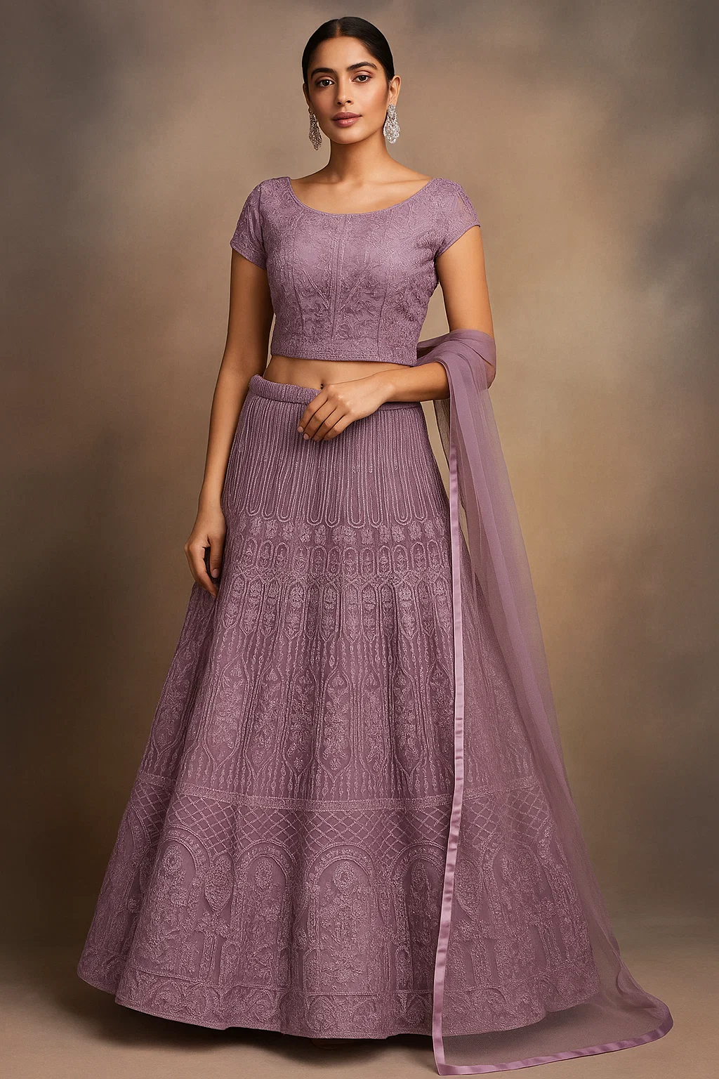 Dusty Mauve Heavy Embroidered Net Lehenga with Sequins & Thread Work