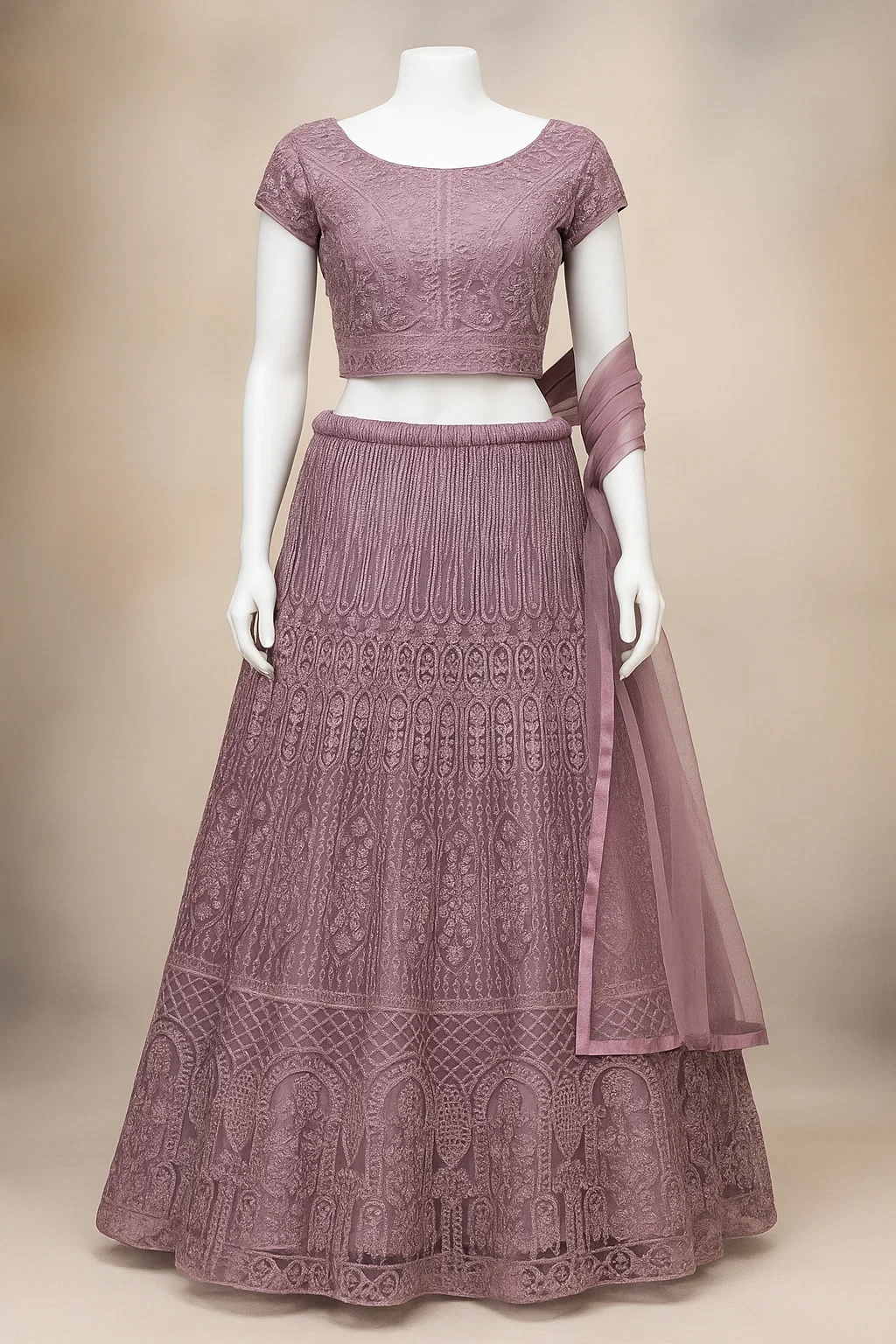 Dusty Mauve Heavy Embroidered Net Lehenga with Sequins & Thread Work