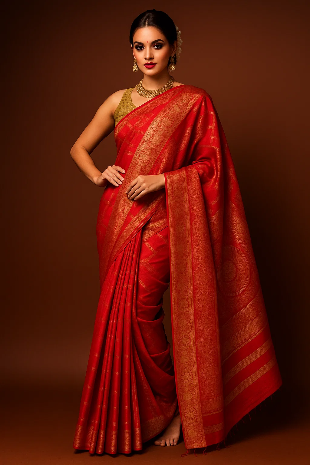 Royal Red Kanjivaram Silk Saree with Intricate Gold Zari Border