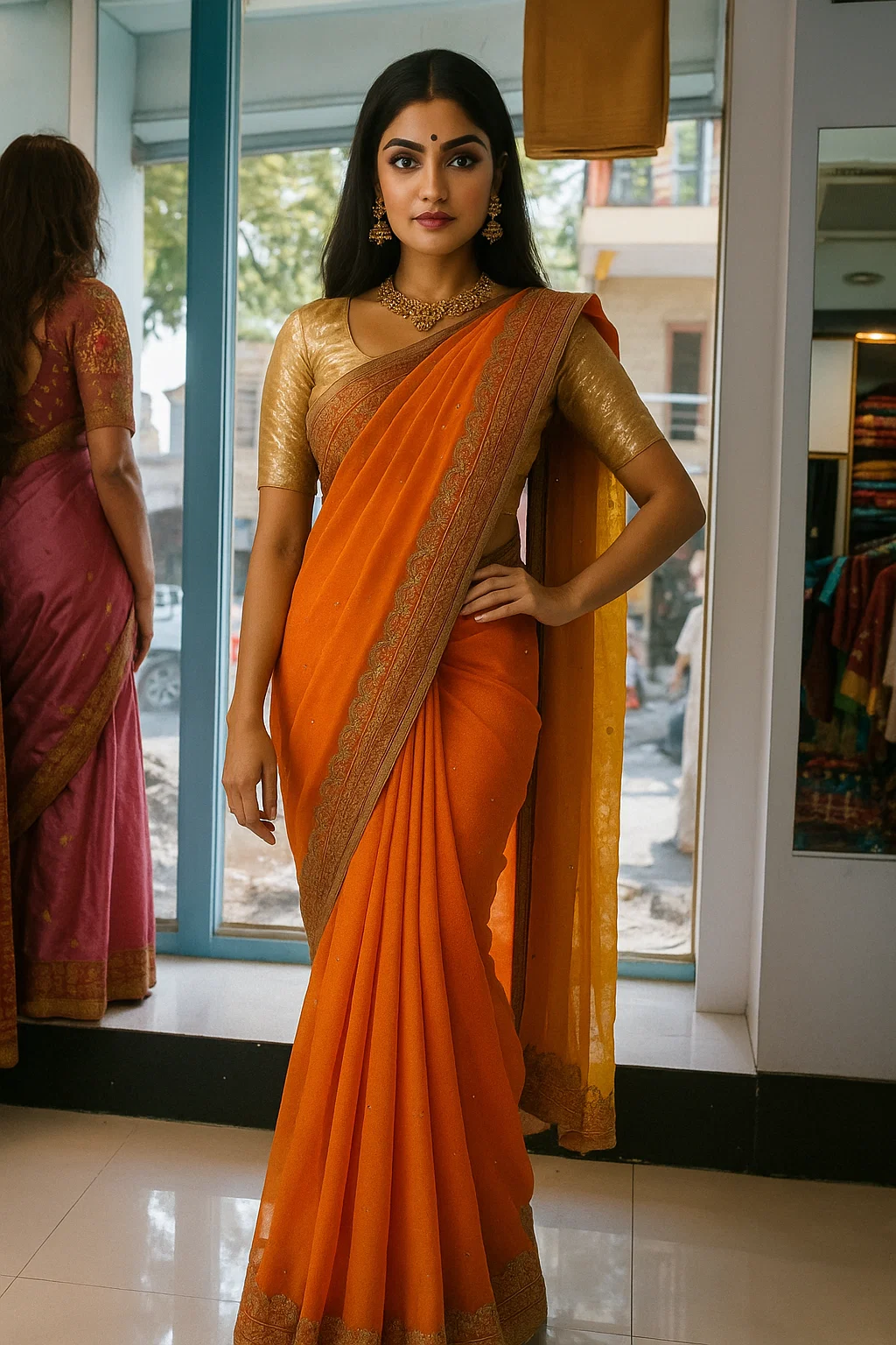 Burnt Orange Soft Silk Saree with Antique Gold Zari Border & Pallu