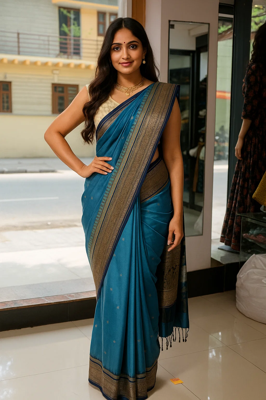 Teal Blue Soft Silk Saree with Antique Gold Zari Border & Pallu