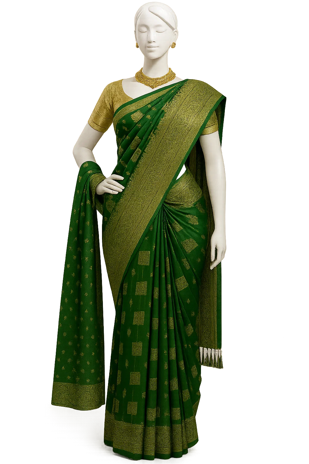 Emerald Green Soft Silk Saree with Intricate Gold Zari Weaving