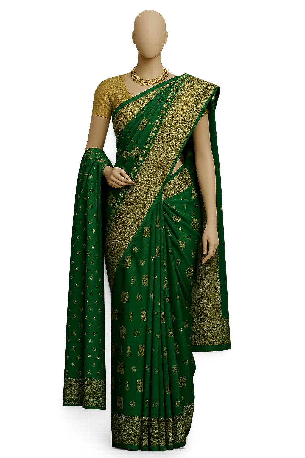 Emerald Green Soft Silk Saree with Intricate Gold Zari Weaving