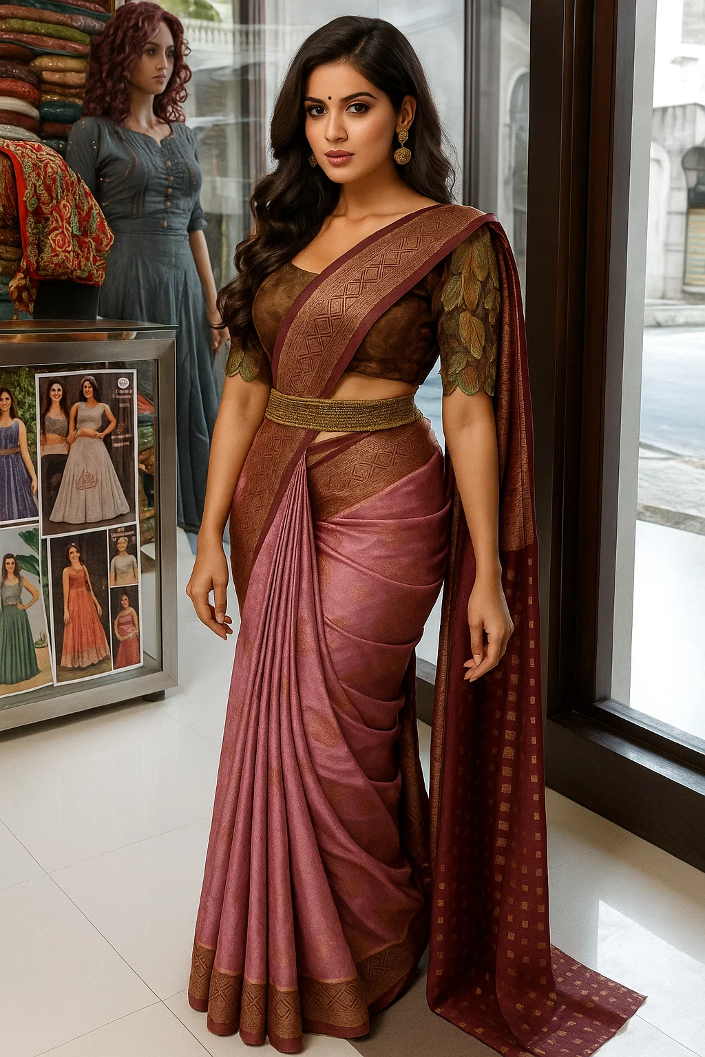 Dusty Rose Soft Silk Saree with Antique Gold Zari Border & Maroon Pallu