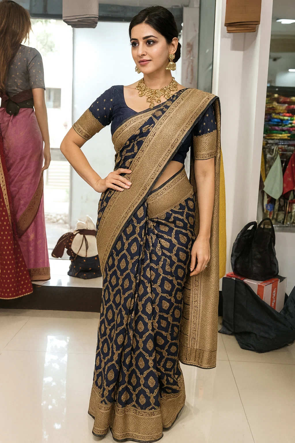 Royal Navy Blue Banarasi Silk Saree with Antique Gold Zari Weaving & Rich Pallu