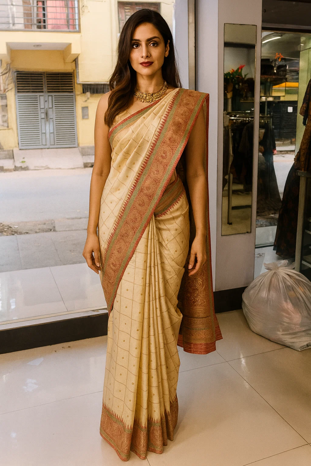 Royal Kanchipuram Silk Saree in Beige with Traditional Red & Green Zari Border