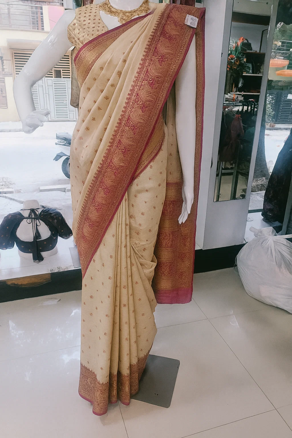 Royal Kanchipuram Silk Saree in Beige with Traditional Red & Green Zari Border