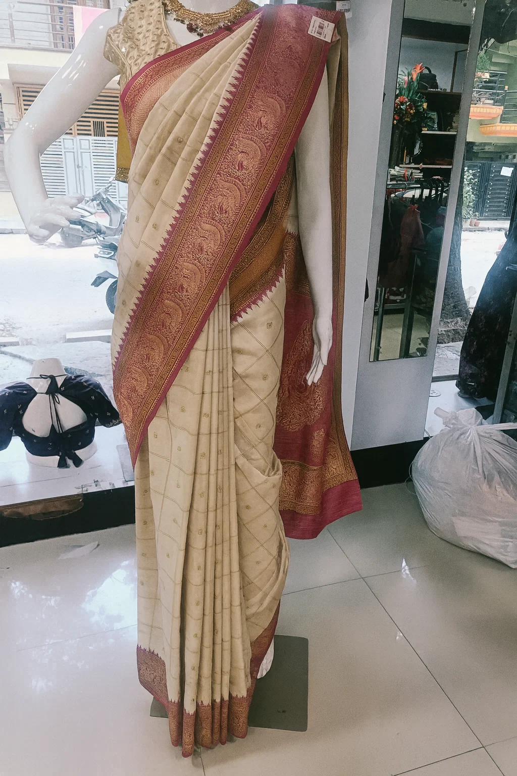 Royal Kanchipuram Silk Saree in Beige with Traditional Red & Green Zari Border