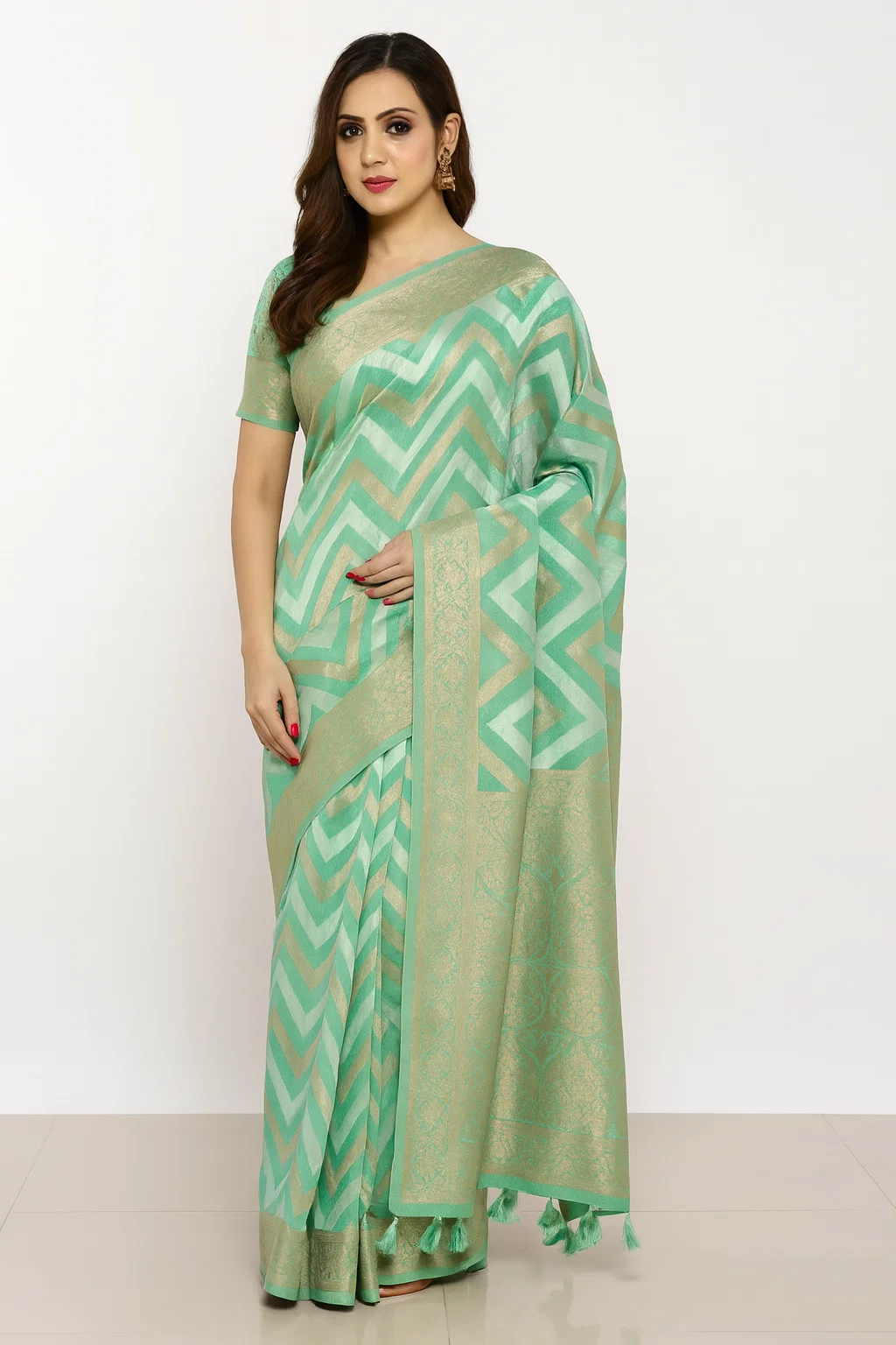 Mint Green Banarasi Silk Saree with Golden Zari & Chevron Pattern