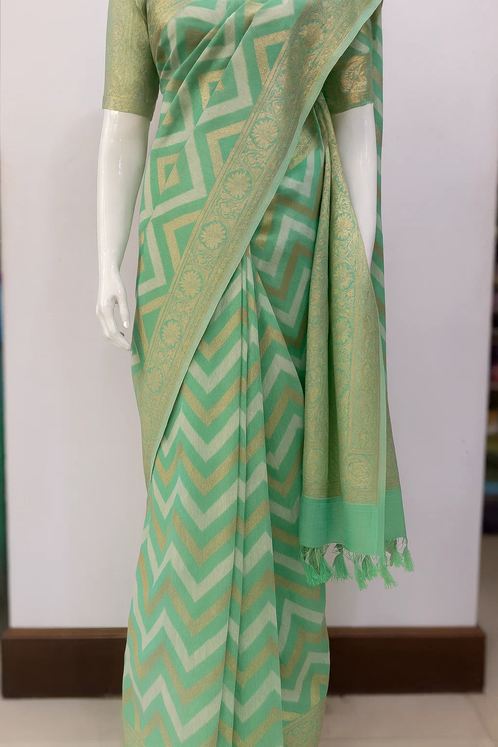Mint Green Banarasi Silk Saree with Golden Zari & Chevron Pattern