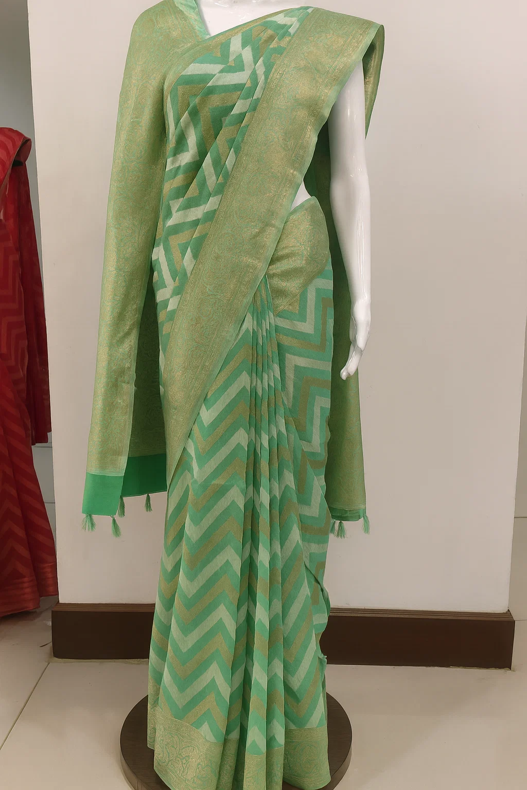 Mint Green Banarasi Silk Saree with Golden Zari & Chevron Pattern
