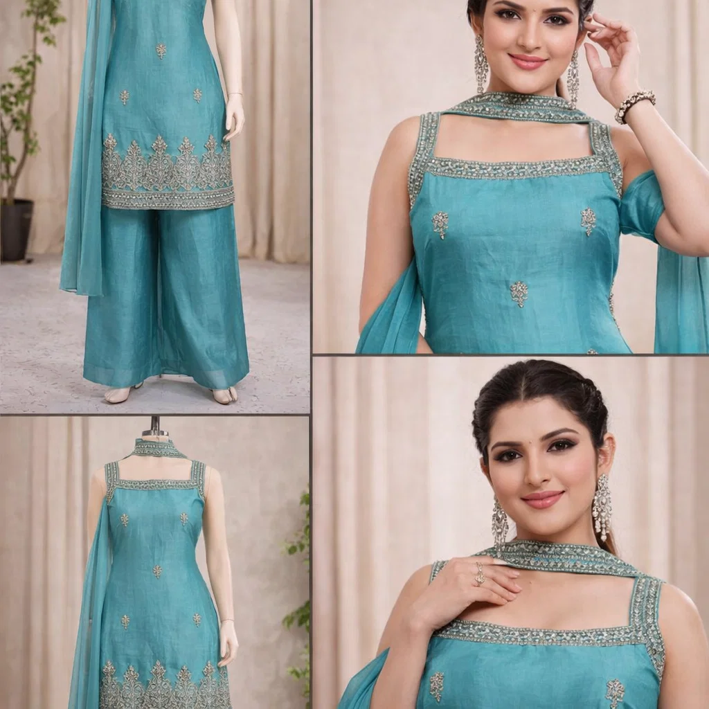 Aqua Elegance Embroidered Kurta Sharara Set with Dupatta