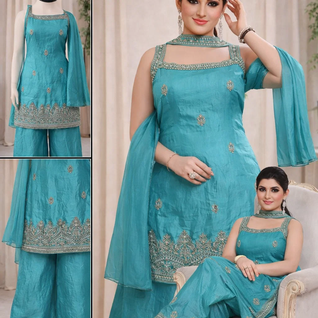 Aqua Elegance Embroidered Kurta Sharara Set with Dupatta