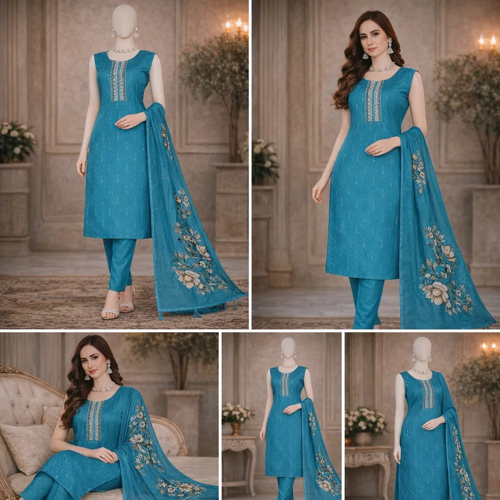 Teal Grace Embroidered Kurta Pant Set with Floral Dupatta