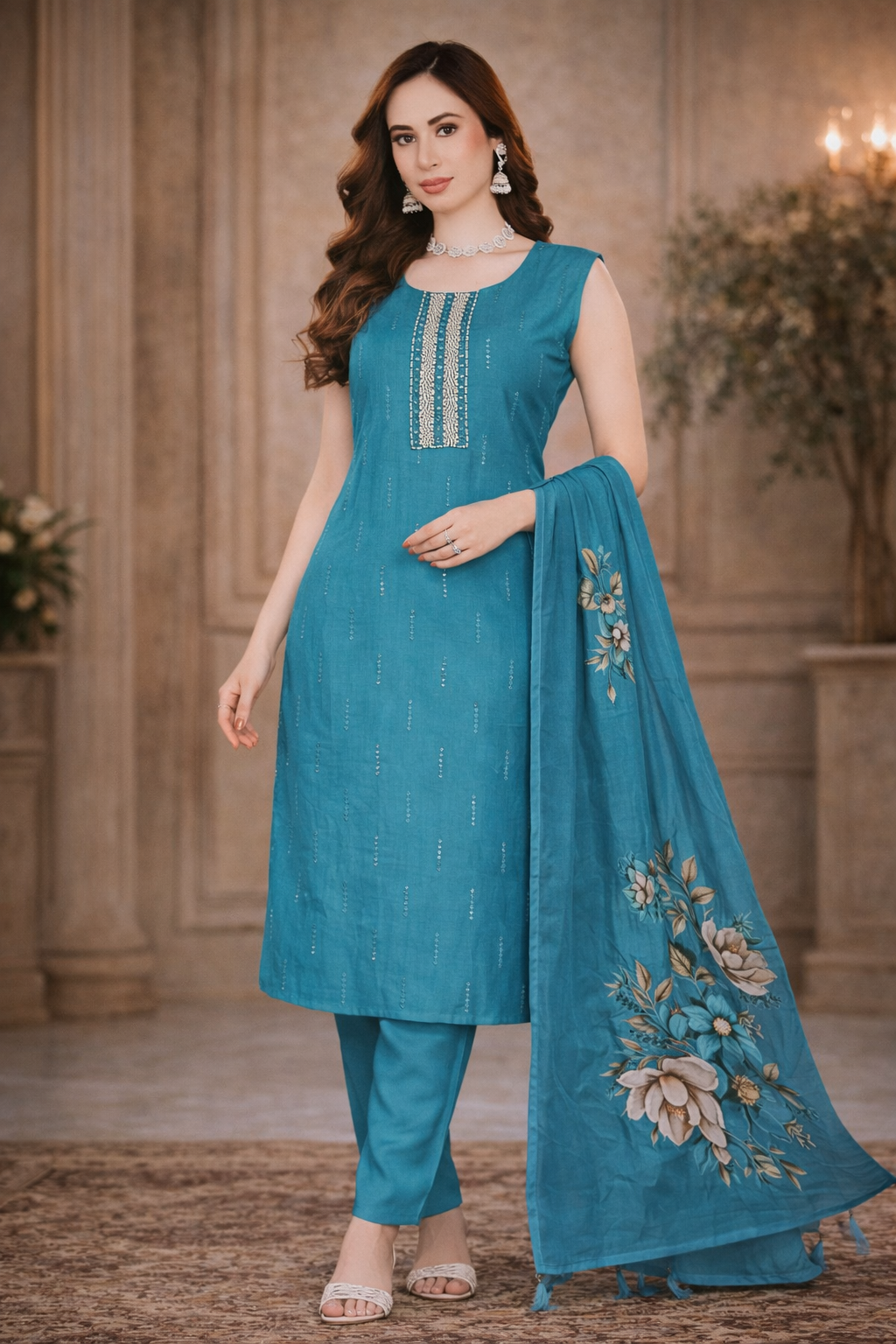 Teal Blue Floral Printed Kurta Pant Set with Dupatta – Elegant Ethnic Wear for Women