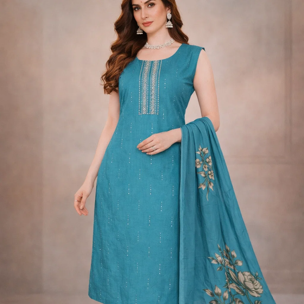 Teal Blue Floral Printed Kurta Pant Set with Dupatta – Elegant Ethnic Wear for Women