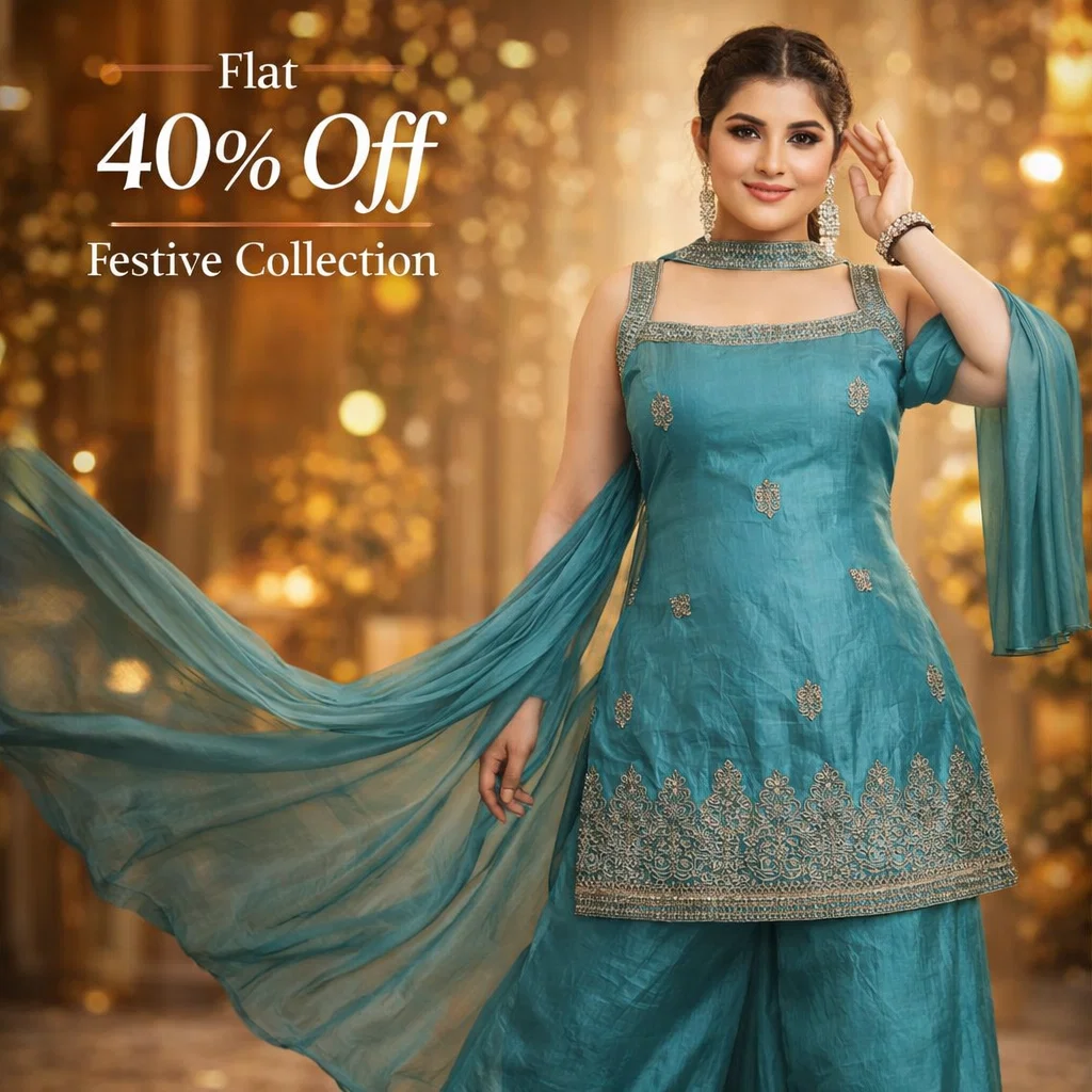 Teal Embroidered Kurta Palazzo Set with Dupatta – Festive & Party Wear