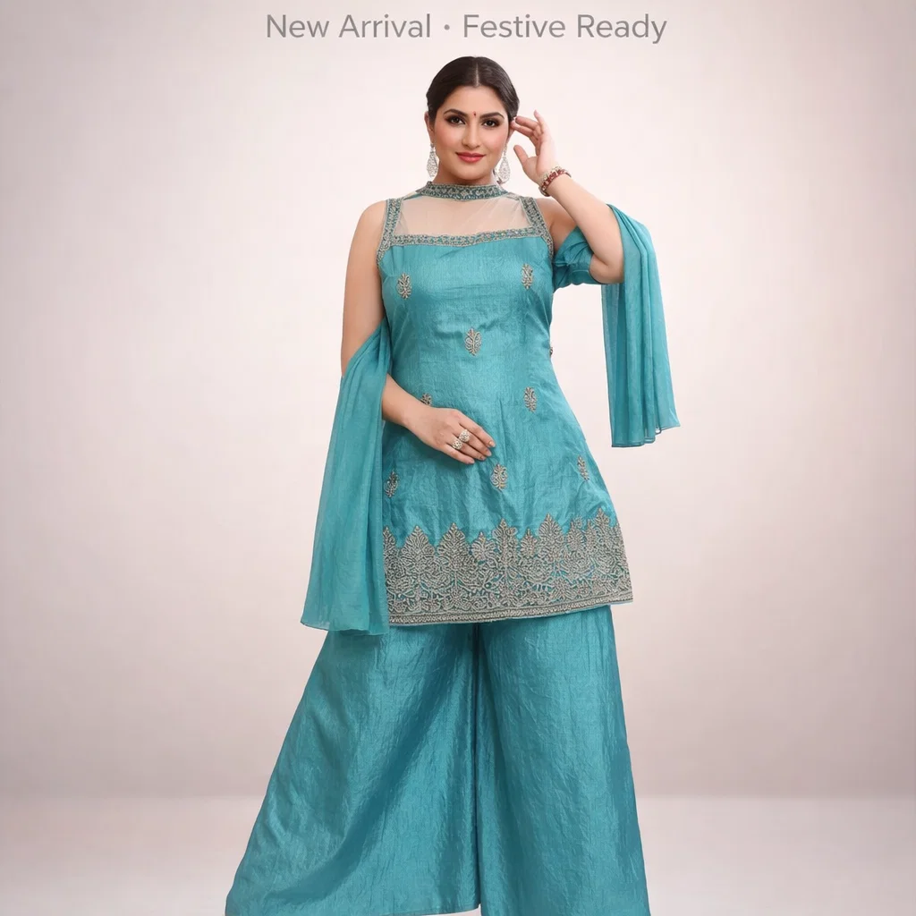Teal Embroidered Kurta Palazzo Set with Dupatta – Festive & Party Wear