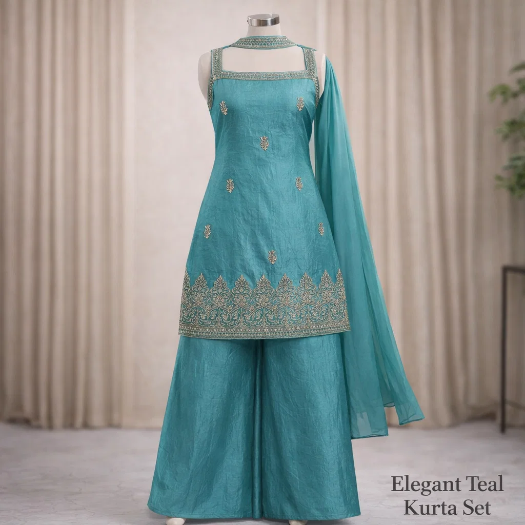 Teal Embroidered Kurta Palazzo Set with Dupatta – Festive & Party Wear