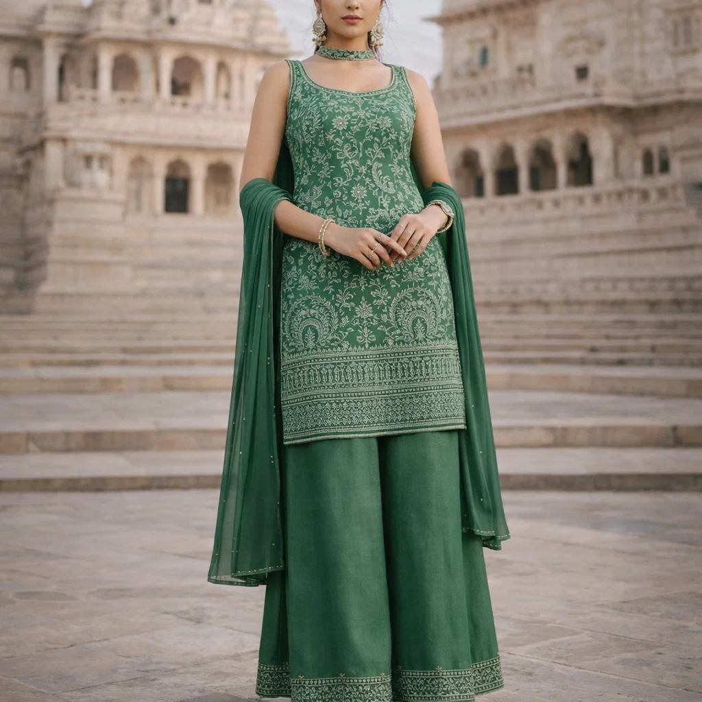 Royal Heritage Embroidered Sharara Suit Set with Dupatta (Festive & Wedding Wear)