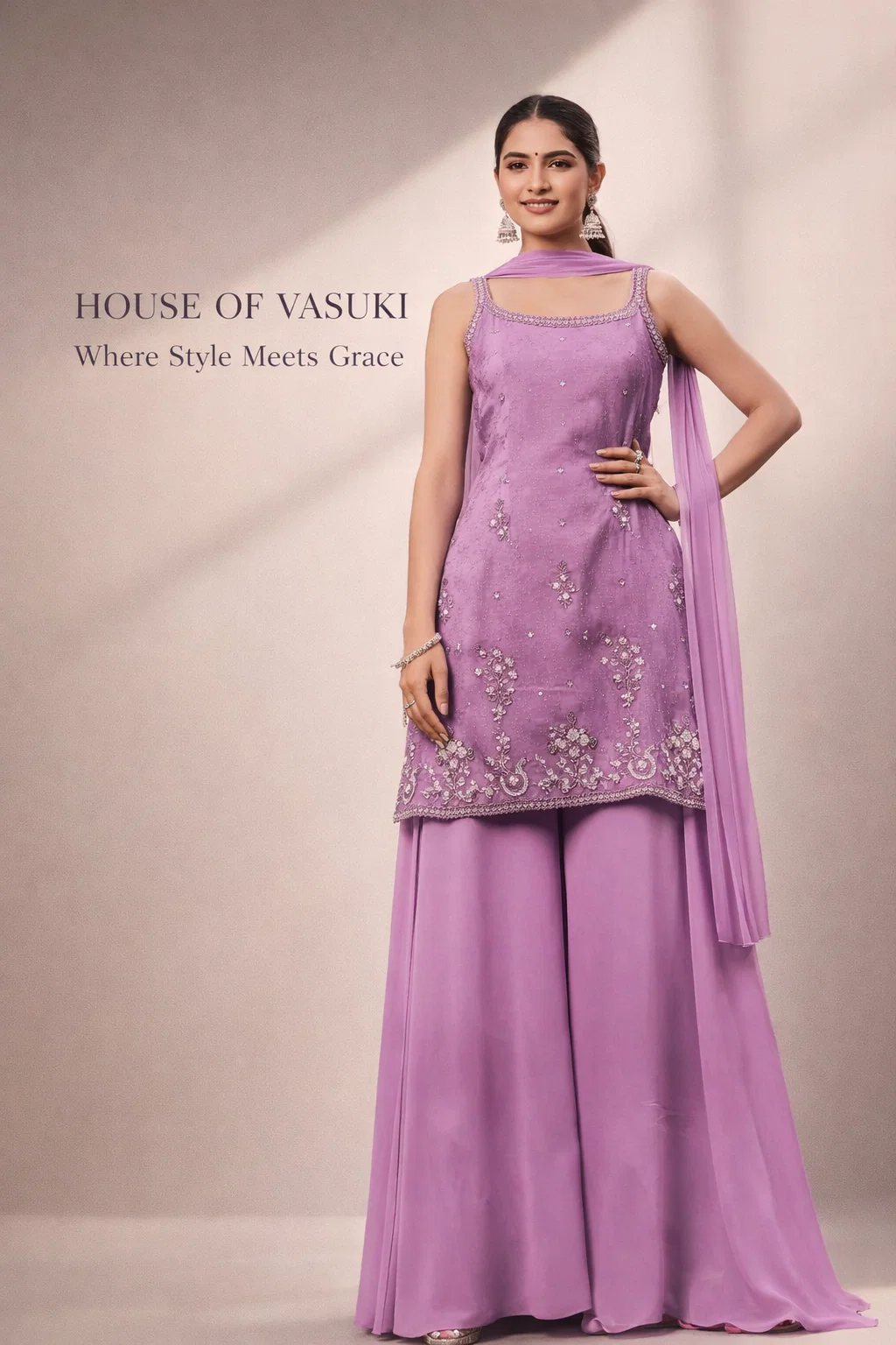 House of Vasuki Lilac Bloom Embroidered Kurta Palazzo Set