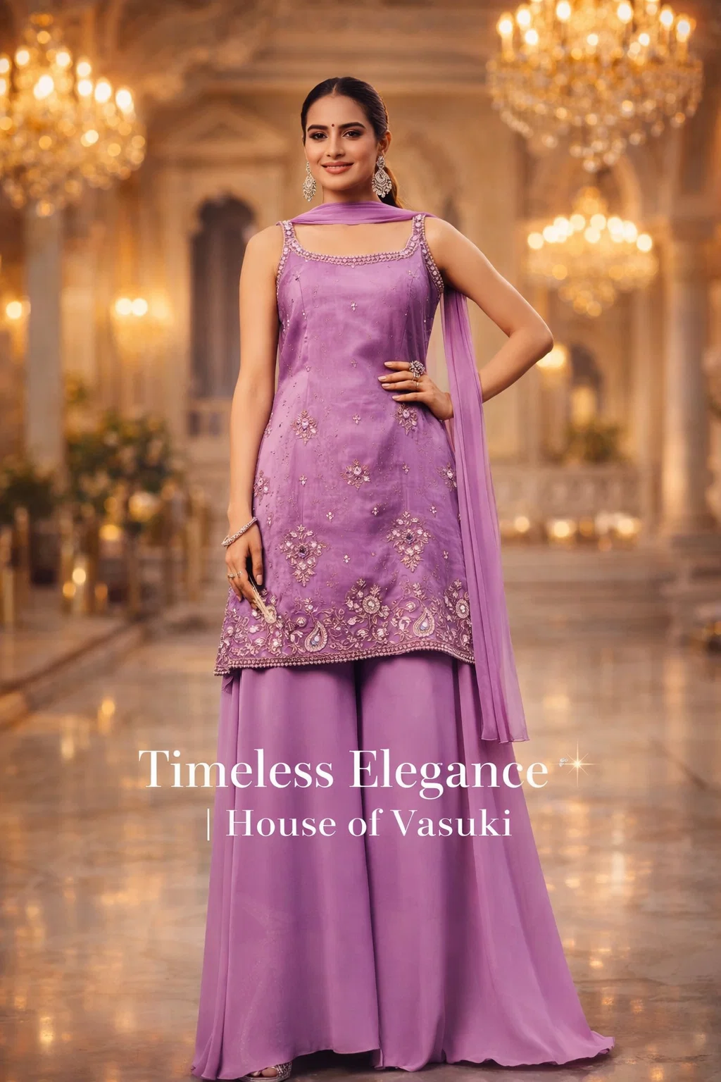 House of Vasuki Lilac Bloom Embroidered Kurta Palazzo Set