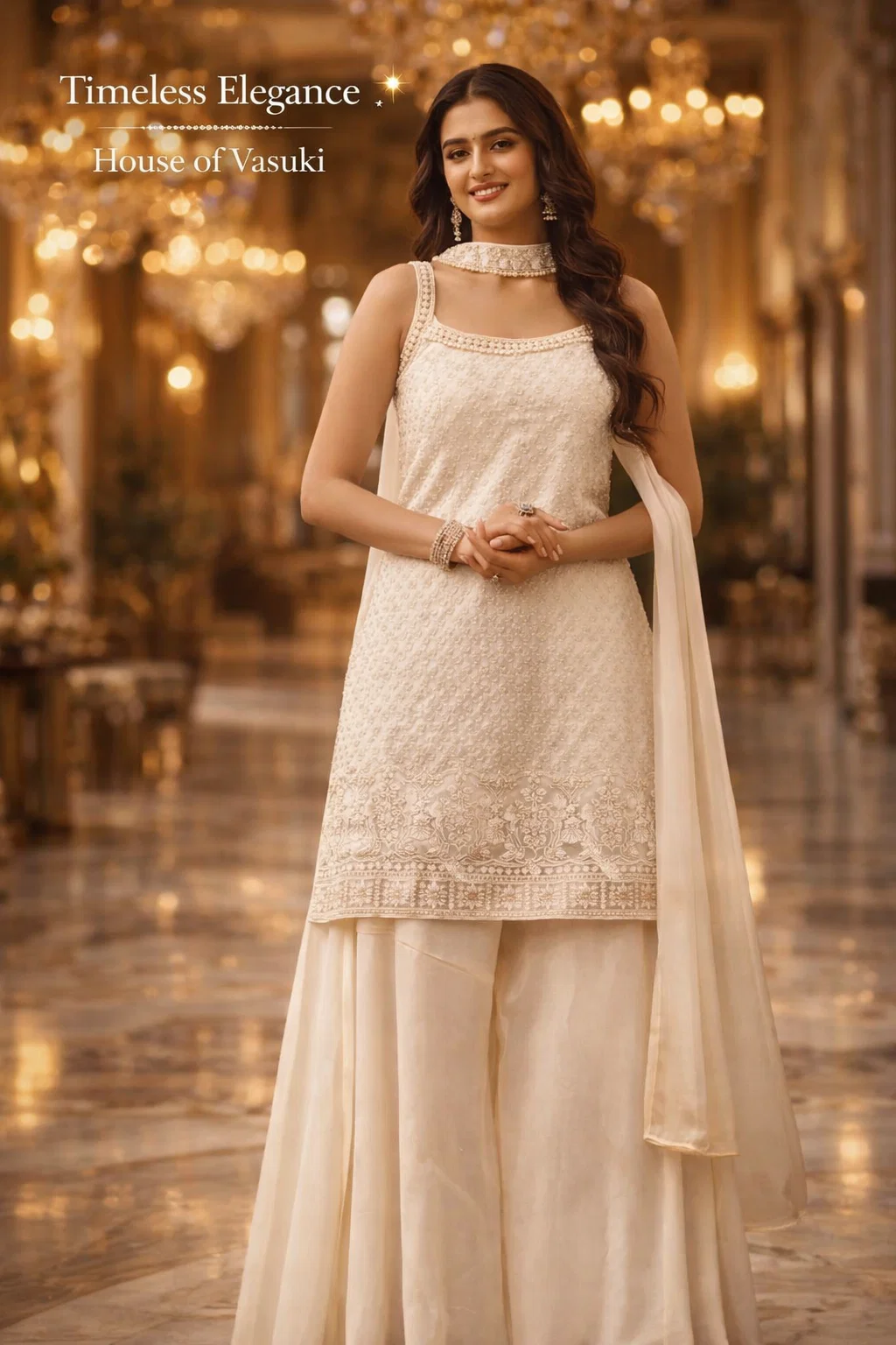 House of Vasuki Ivory Elegance Embroidered Kurta Palazzo Set