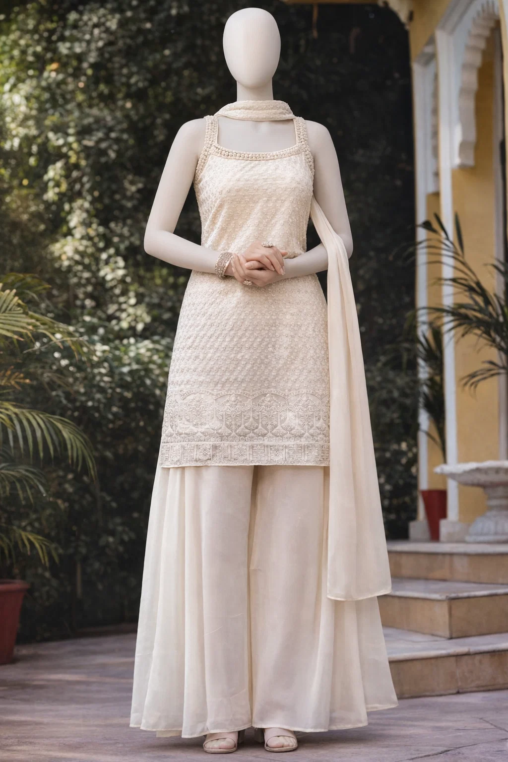 House of Vasuki Ivory Elegance Embroidered Kurta Palazzo Set