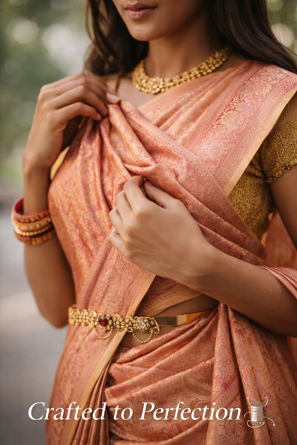 Royal Peach Gold Banarasi Silk Saree with Zari Work