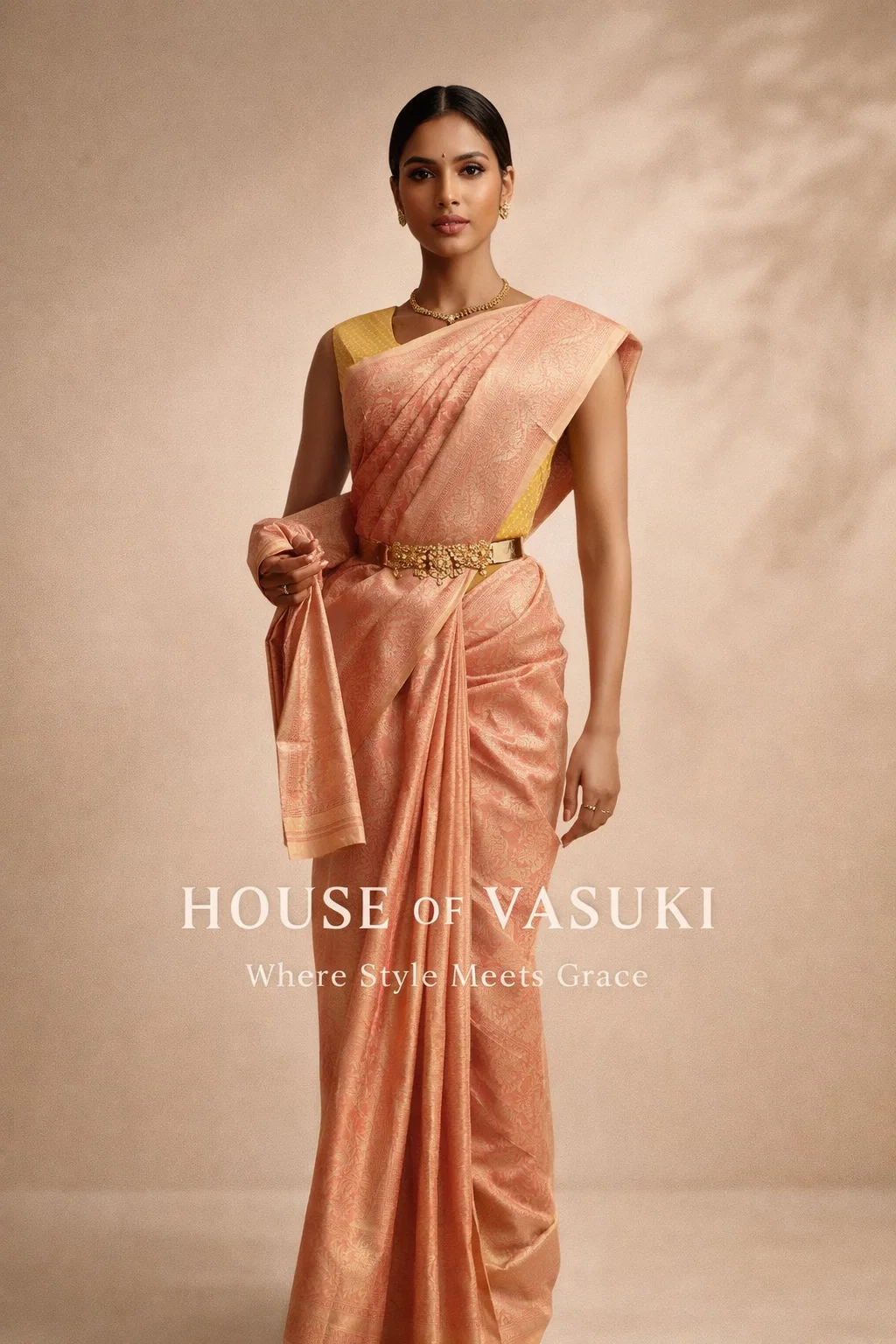 Royal Peach Gold Banarasi Silk Saree with Zari Work