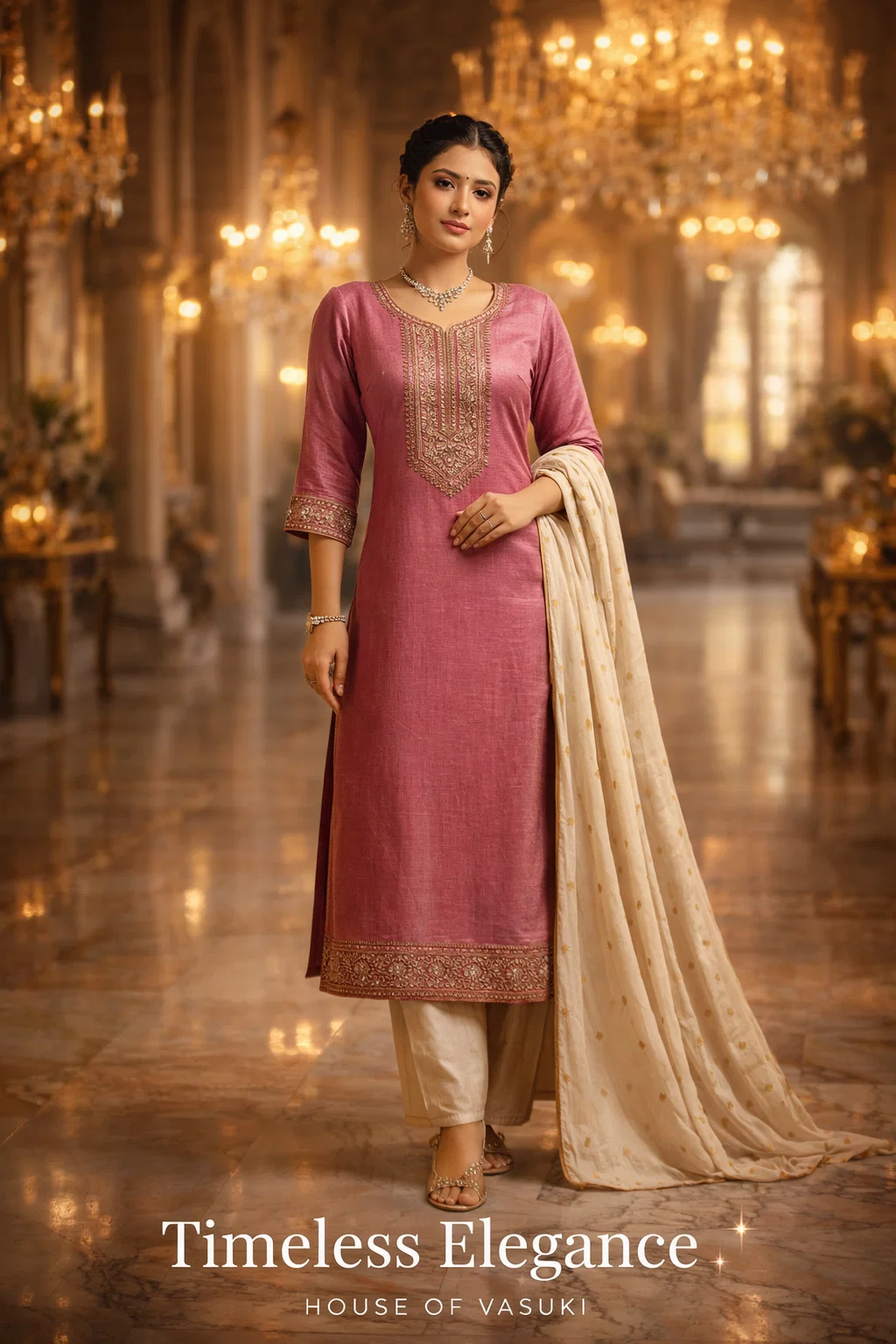 Royal Rose Pink Embroidered Kurta Set with Dupatta