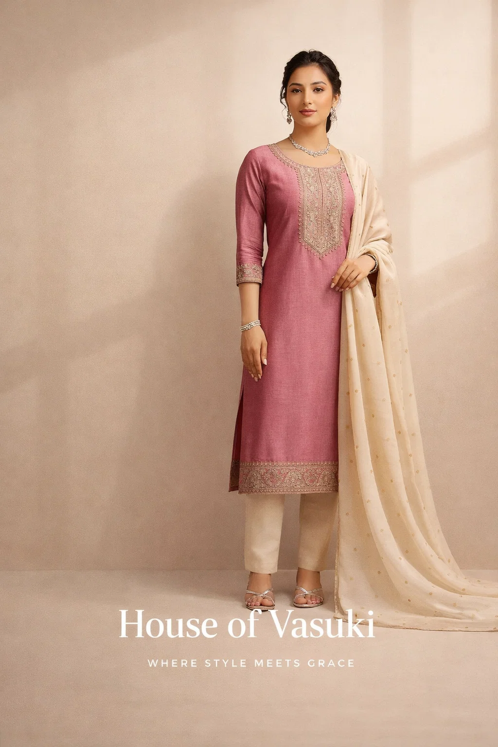 Royal Rose Pink Embroidered Kurta Set with Dupatta
