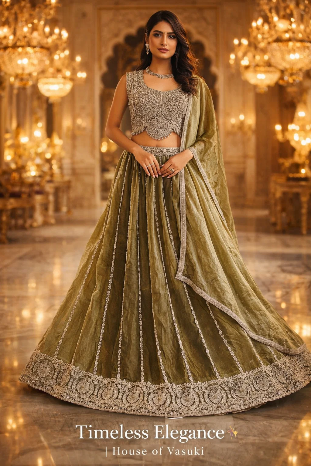 Royal Olive Gold Embroidered Lehenga Choli Set