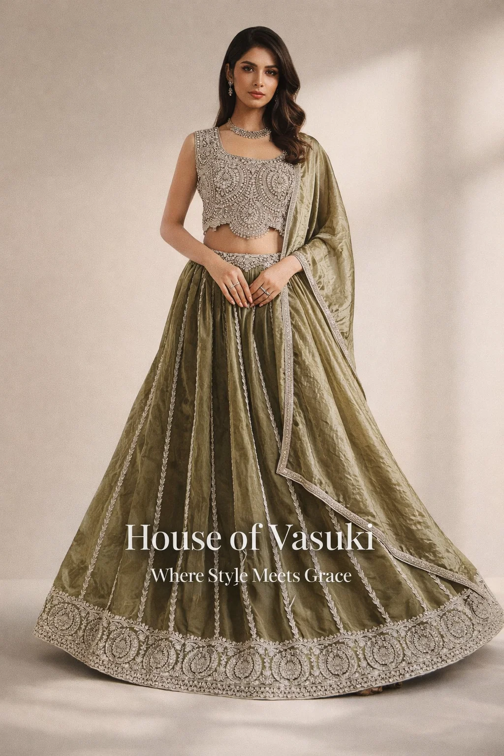 Royal Olive Gold Embroidered Lehenga Choli Set