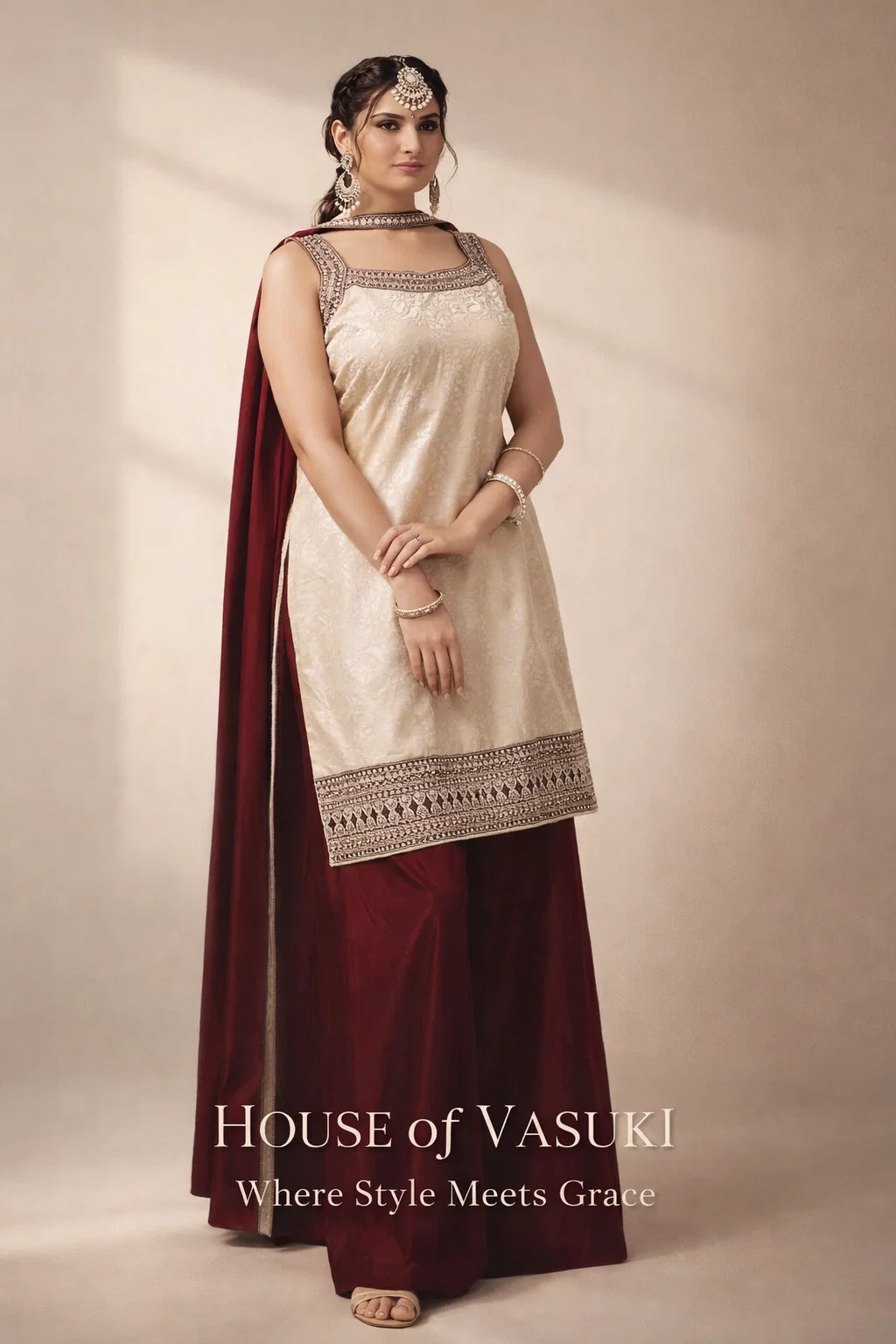 Royal Ivory Wine Designer Kurta Lehenga Set