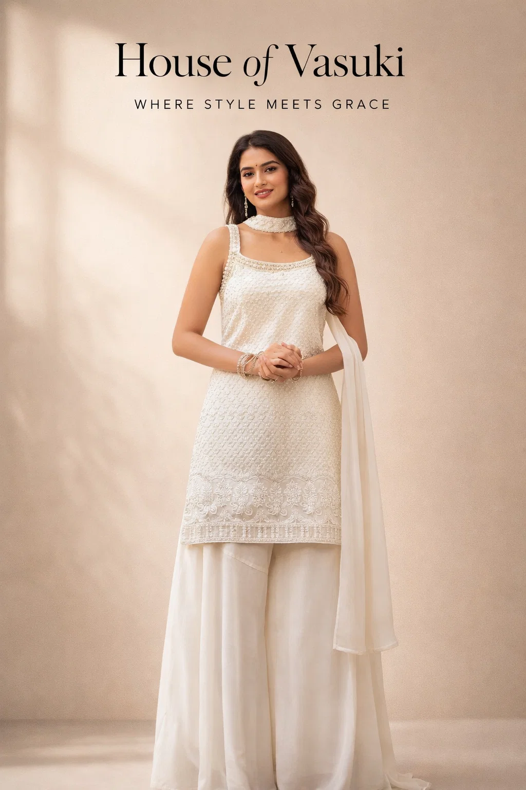 Royal Ivory Pearl Chikankari Palazzo Suit Set