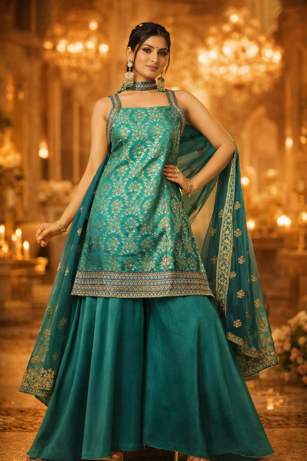 Teal Green Zari Woven Kurta Sharara Set with Dupatta