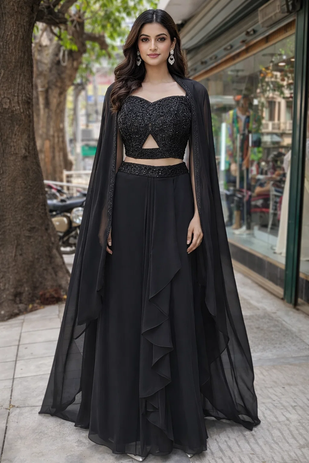 Black Embellished Cape Lehenga Set