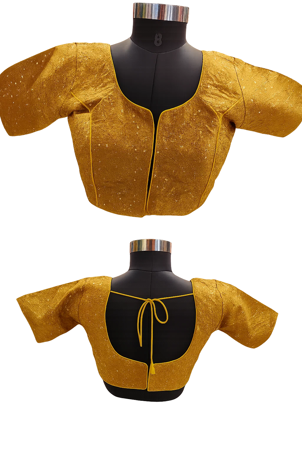 Mustard Yellow Textured Silk Designer Blouse with Square Neck & Back Dori Tie-Up