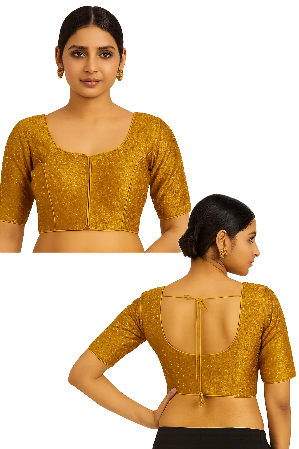 Mustard Yellow Textured Silk Designer Blouse with Square Neck & Back Dori Tie-Up